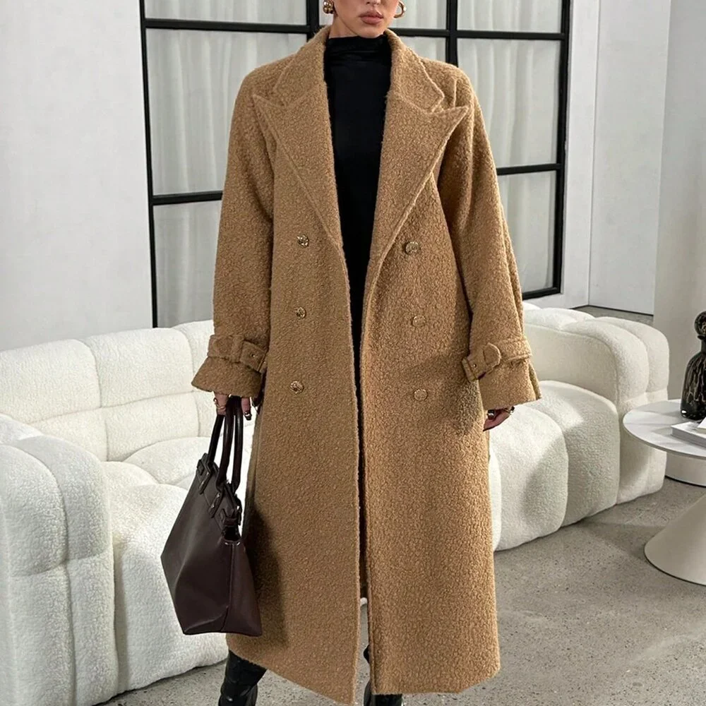 Khaki Casual Women's Teddy Fleece Oversized Trench Coat